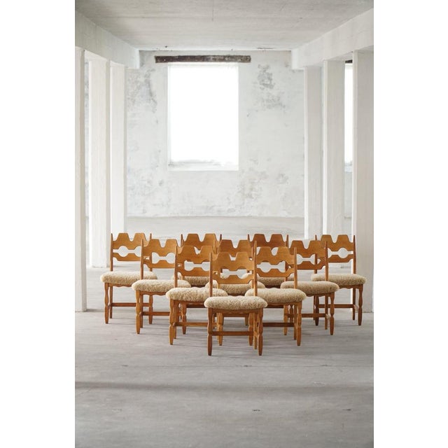 Wood Razorblade Chairs in Oak and Lambswool attributed to Henning Kjærnulf, 1960s, Set of 10 For Sale - Image 7 of 18