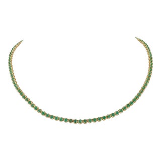 Modern 18k Yellow Gold 7.16 Cwt Round Cut Emerald Tennis Necklace for Women's For Sale