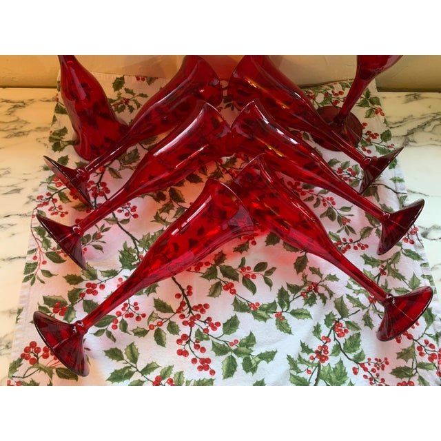 Ruby Red Tall Handblown Champagne Flutes Set of 8 For Sale - Image 9 of 10