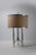 Lamp with four-arm chromed metal structure, magnetic plates in white painted metal, paper-fabric lampshade. Sciolari...
