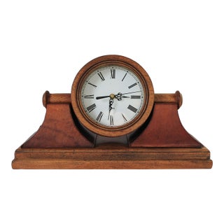 Vintage Quartz Traditional Style Leather Wrapped Wooden Mantel Clock For Sale