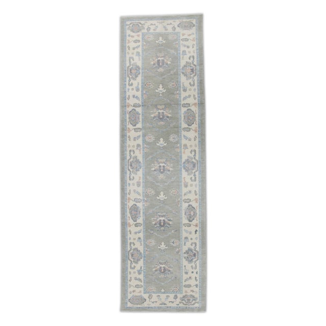 Olive Turkish Oushak Runner Olive Green & Soft Blue Handwoven Wool Rug 4'2" X 14'8" For Sale - Image 8 of 8