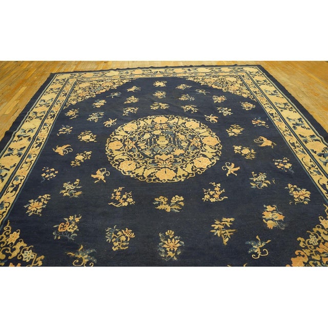 1890s Blue Oriental Floral Sprays Medallion Antique Chinese Peking Room Size Rug For Sale In New York - Image 6 of 10