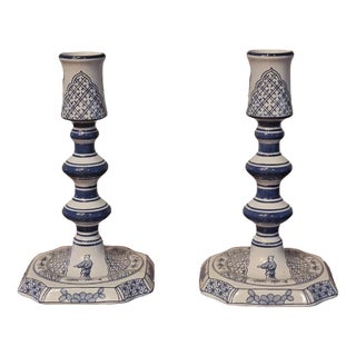 Pair of Late 20th Century Delft Royal Goedewaagen Williamsburg Restoration Blue Candlesticks For Sale