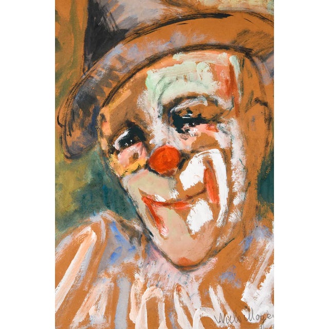 Expressive mid-century portrait of a clown rendered in pastel or mixed media on paper. The work is signed “Will Moesens”...