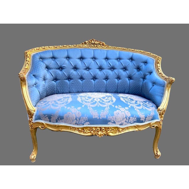 1950s French Louis XVI Blue Damask Gold Beech Settee For Sale - Image 12 of 12
