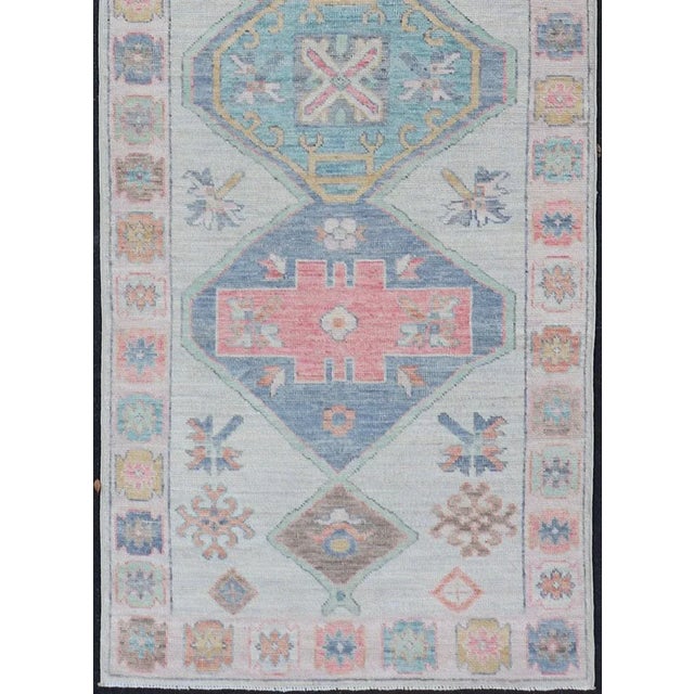 Colorful Modern Oushak Runner With Diamond Medallions and Multi-Tier Border For Sale - Image 9 of 12