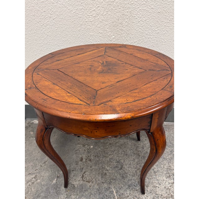 Acquisitions for Henredon Round Parquetry Pull-Out Side Table For Sale - Image 10 of 12