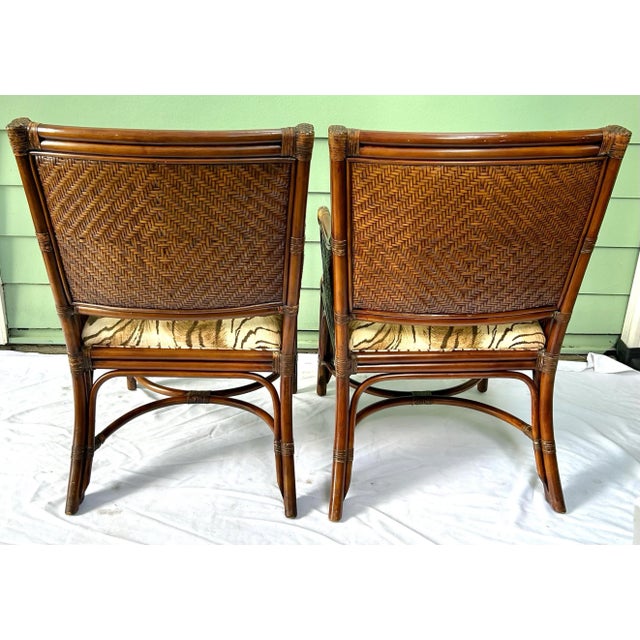 Vintage Bamboo & Rattan Arm Chairs – Pair of Wicker Dining or Accent Chairs With Upholstered Seats For Sale - Image 4 of 12