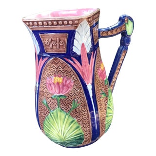 Vintage Majolica Pink Floral Pitcher For Sale