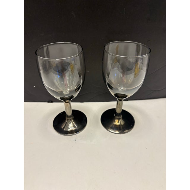 Vintage French Smoked Glass Wine Goblets | Unmarked Mid Century Modern Gray Stemware | Set of Two | Sherry Cordial Aperitif For Sale - Image 9 of 9