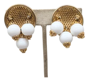 Vintage 1950s Signed Hattie Carnegie Goldtone White Resin Drop Clip Earrings-2 Pieces