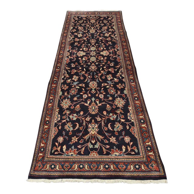 Sarouk Runner 3'7'' X 9'11'' Blue Wool Vintage Traditional Hand-Knotted Rug For Sale
