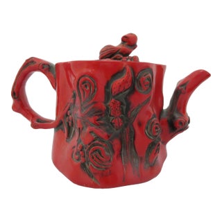 Chinese Red Lacquer Tree Trunk Branch Handle Squirrel Finial Lid Teapot For Sale