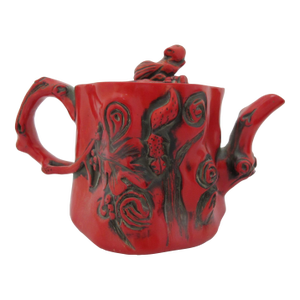 Chinese Red Lacquer Tree Trunk Branch Handle Squirrel Finial Lid Teapot