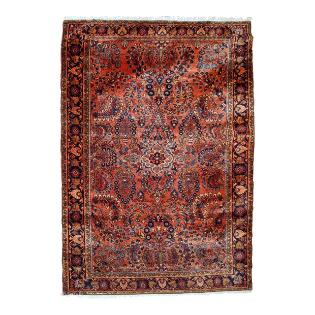 1920s Vintage Handmade Persian Sarouk Rug 4'1" X 6'5" For Sale