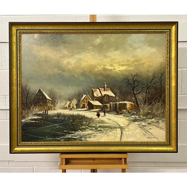 European Village in Winter Snow with Figures & Frozen Pond by German Artist 1972 For Sale - Image 13 of 18