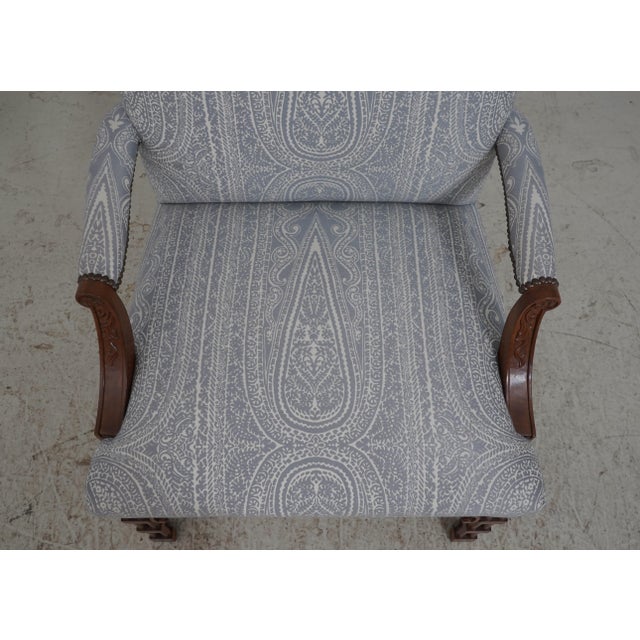 1990s Chinese Chippendale Damask Upholstered Open Arm Library Chair For Sale - Image 5 of 12