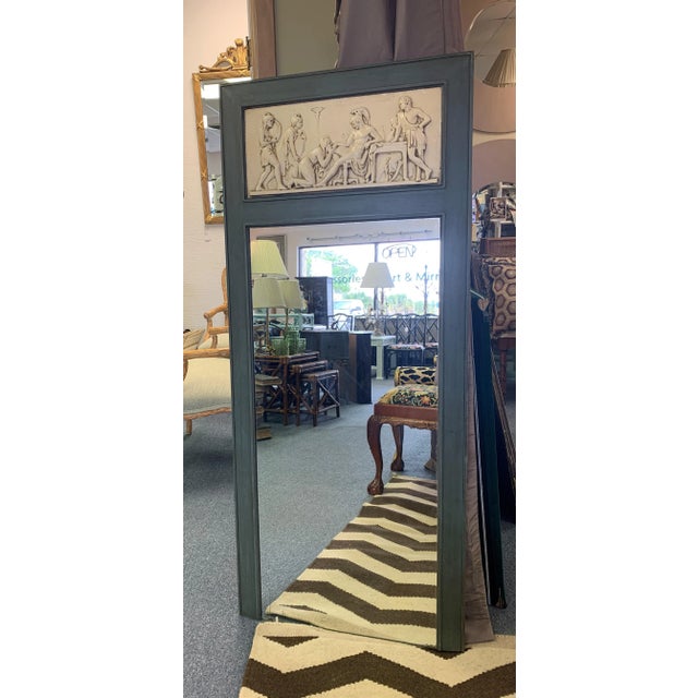 Neoclassical Style Faux Ivory Figural Frieze Wall Mirror with a Oil Rub Emerald Finish. Small dime size chip and hairline...