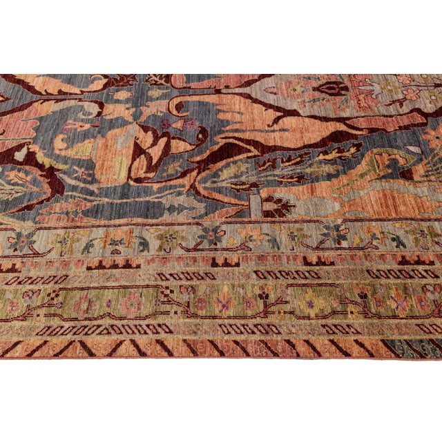 Blue Modern Bidjar Style Hand-Knotted Wool Rug –Botanical Motifs in Blue & Terracotta For Sale - Image 8 of 11