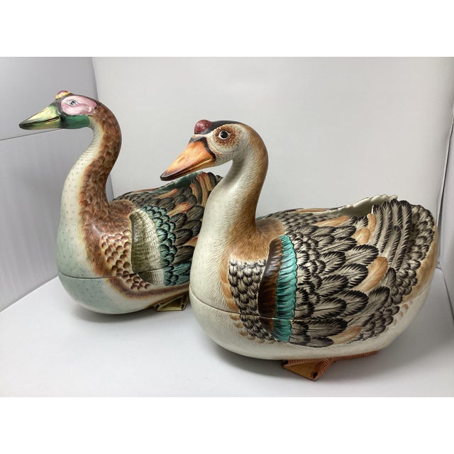 Set Mottahedeh large hand painted geese tureens. Reproduction of 18th C Chine export. Largest tureen is 15” Hx 14” Lx...