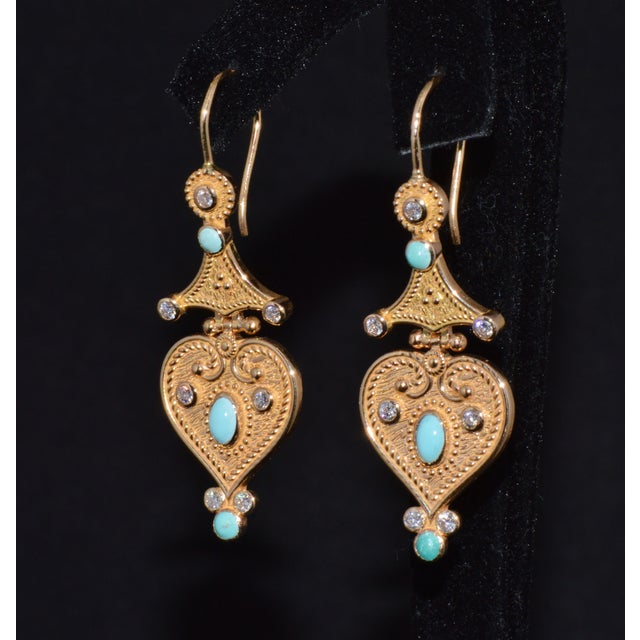 Italian Gorgeous Natural Diamond Turquoise 18k Solid Gold Byzantine Beaded Greek Dangle Earrings, A Pair For Sale - Image 3 of 11