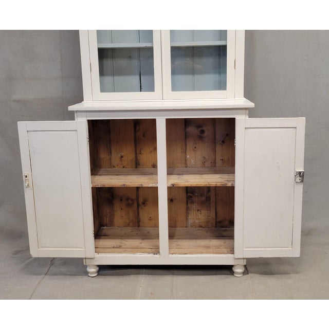 Cream Antique English Country Painted Two Piece China Curio Cabinet For Sale - Image 8 of 17