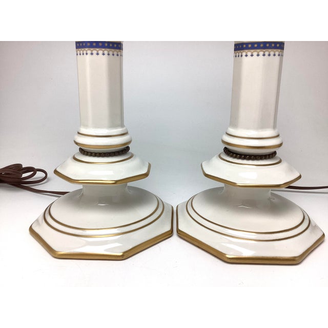 1950s Candle Stick Federal Style Blue Gold Star Porcelain Lamps - a Pair For Sale - Image 4 of 7