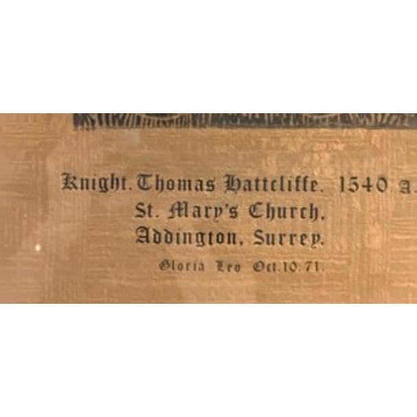 A striking vintage English brass rubbing, taken from a historic monumental grave marker and rendered in rich, high-...