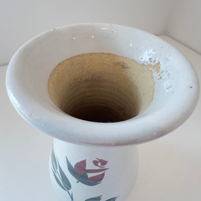 This beautiful Gail Pittman art pottery vase showcases her signature hand-painted style with a classic Rambling Rose...