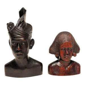 A Pair of Vintage Hand Carved Wooden Indonesian Woman and Man Busts