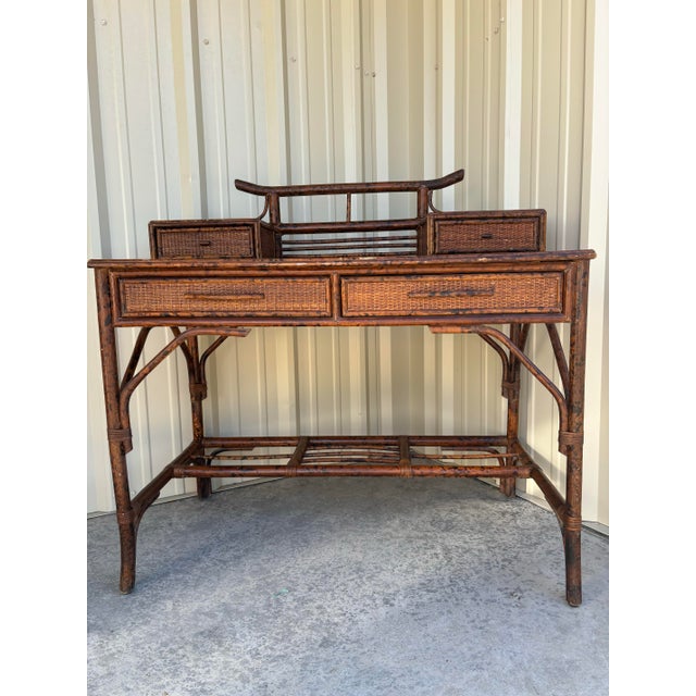 1980s British Colonial Tortoise Shell Faux Bamboo Campaign Style Writing Desk and Pagoda Style Cane For Sale - Image 9 of 9