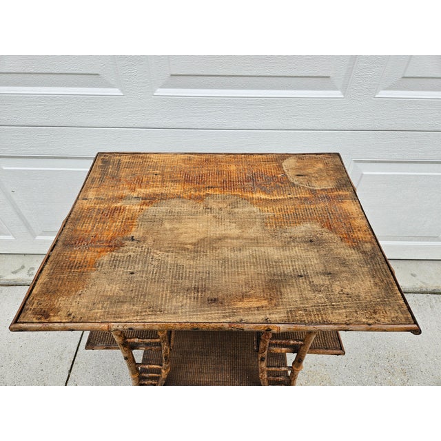 1920s Weathered Burnt Bamboo Reed Side Table Plant Stand For Sale - Image 5 of 14