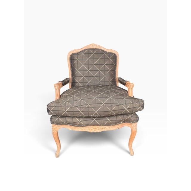 Late 20th Century Vintage Louis XV Style Carved Wood Bergère Chair in Black & Cream Geometric Fabric For Sale - Image 5 of 16