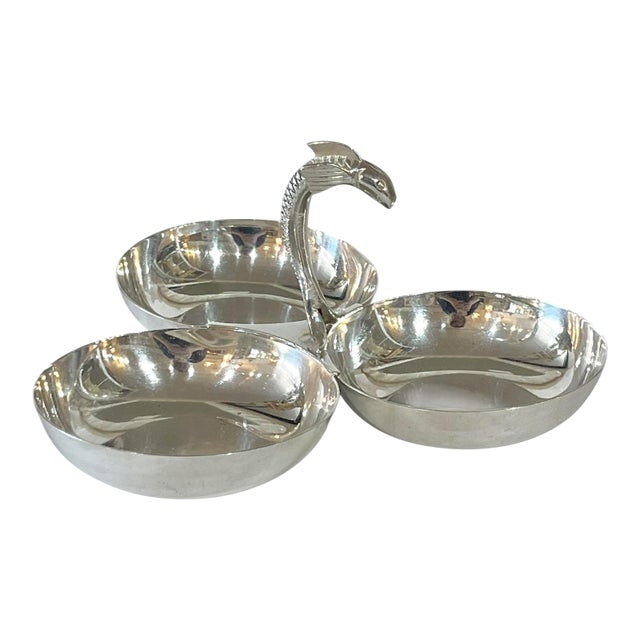Vintage French Silver Plate Three Section Nut Dish With Dolphin For Sale