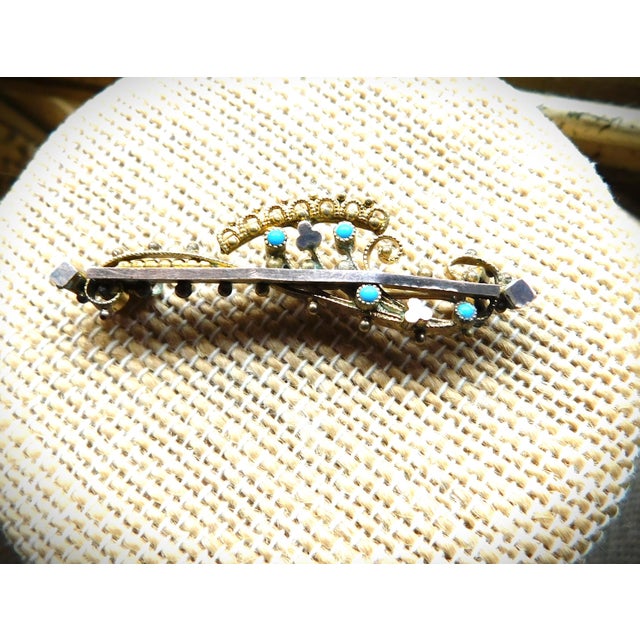 Late 19th Century Antique Etruscan Revival 10k Gold Openwork Brooch Pin, Turquoise Stones For Sale - Image 5 of 12
