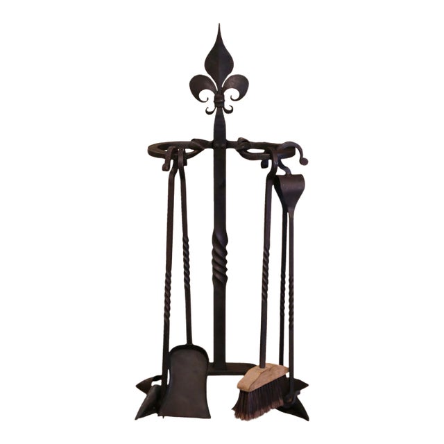 Mid-Century French Gothic Wrought Iron Fireplace Tool Set With Fleur-De-Lys For Sale