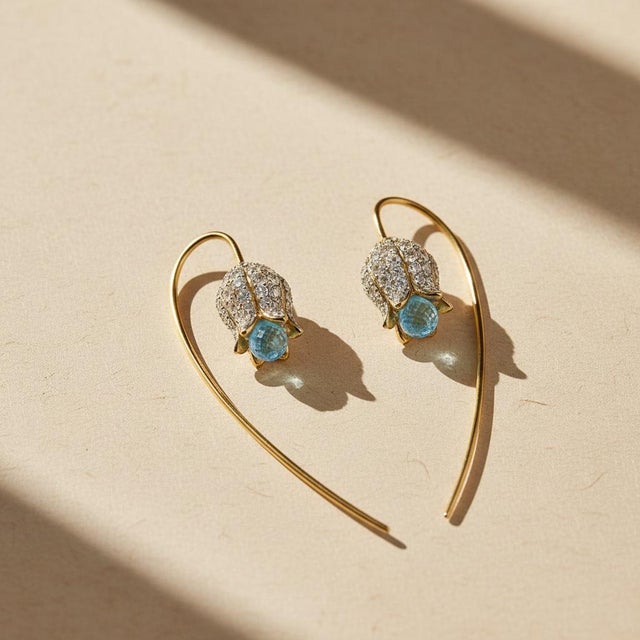 Silver, Gold Lily Flower Earrings With Topaz Briolettes, Pair For Sale - Image 4 of 8