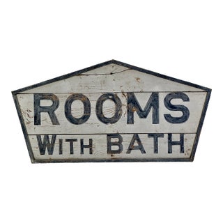Majestic "Rooms With Bath" Large Vintage Painted Wood Tourist Sign in House Shape For Sale