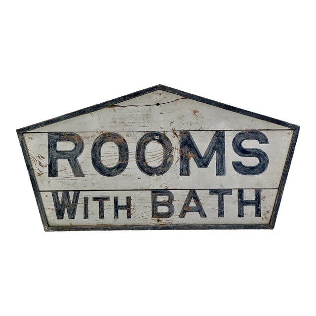 Majestic "Rooms With Bath" Large Vintage Painted Wood Tourist Sign in House Shape For Sale