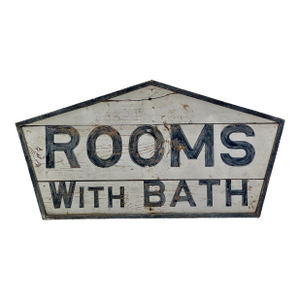 Majestic "Rooms With Bath" Large Vintage Painted Wood Tourist Sign in House Shape