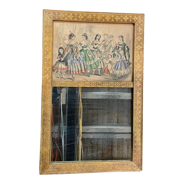 19th C. Gilt Mirror With Hand Painted Fashion Print For Sale