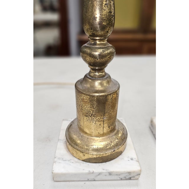 Mid-Century Modern Mid Century Gilt Brass Metal and Marble Table Lamps - a Pair For Sale - Image 3 of 6
