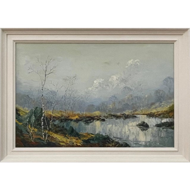 Charles Wyatt Warren, Oil Painting of River Bank with Silver Birch Trees and Misty Hills & Mountains, 1970 Circa For Sale - Image 13 of 13