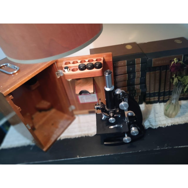 Mid-Century Modern Vintage Bausch & Lomb Microscope in Original Locking Wood Case For Sale - Image 3 of 7