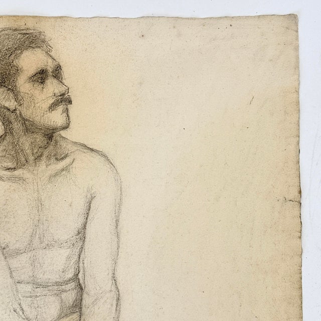 Figurative Antique French Realist Male Figurative Study (Charcoal on Woven Cream Paper) For Sale - Image 3 of 7