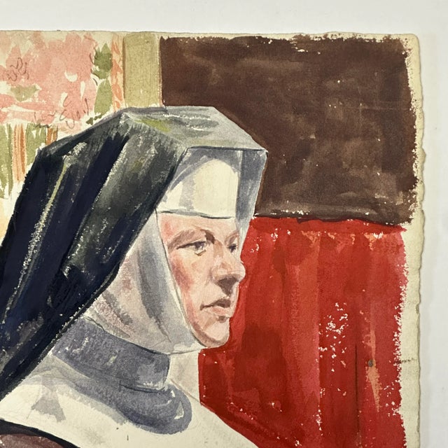 Realism Vintage Expressionist Portrait of a Nun by Marlene Miller, Signed (C. 1950, Watercolor on Paper) For Sale - Image 3 of 4