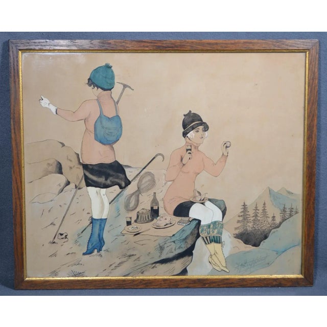 French School of the 20th century “The mountaineers’ picnic” Ink and watercolor drawing signed in pencil lower right....