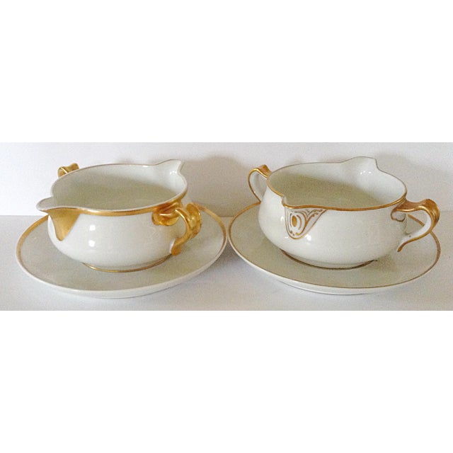 Limoges Gold Rim Gravy Boats with Attached Saucers Service for 2