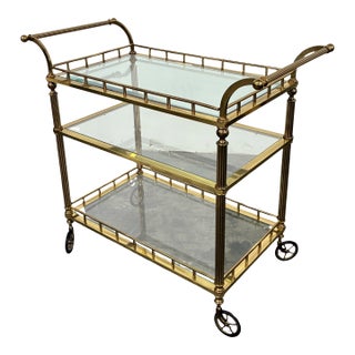 Vintage Regency Style Brass & Glass Three-Tier Bar Cart With Large Casters For Sale